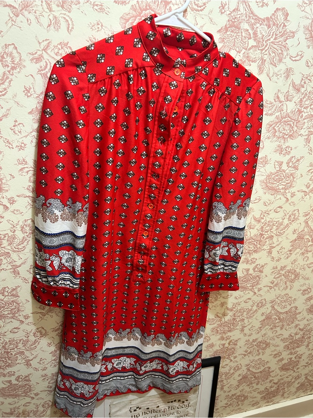 70s Red Printed Mini Dress with Button Front